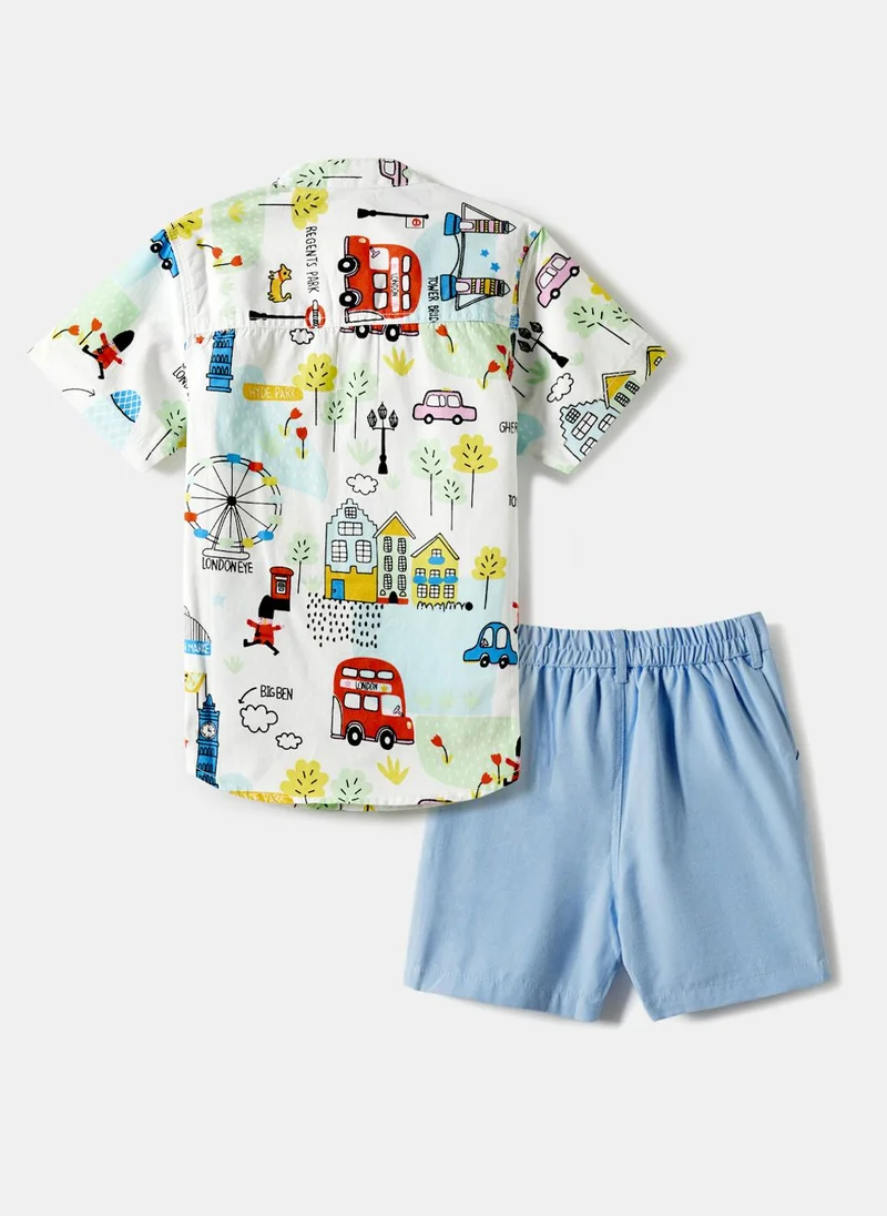 Nautinati  Boys' Cotton Blend City-themed with Cars, Trees, Street Lamp Elements Printed Shirt & Shorts Co-ord Set for Men | Best Price UAE